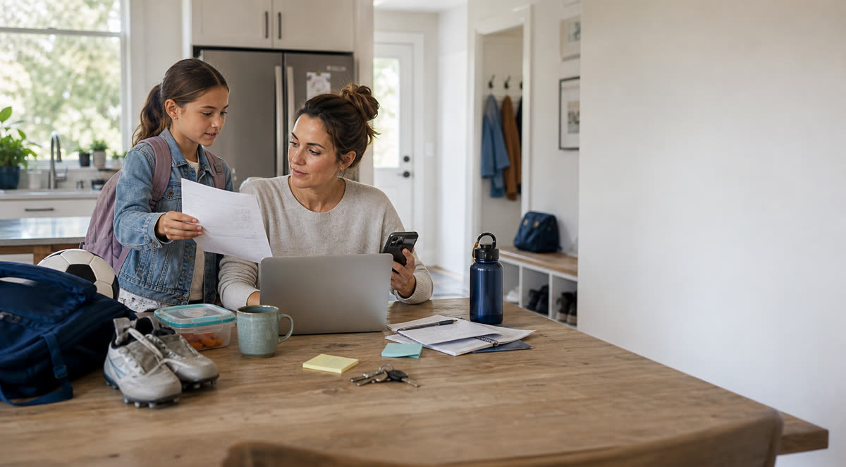 A parent at a kitchen table with a laptop and phone while a child brings over school paperwork; a backpack and sports gear sit nearby