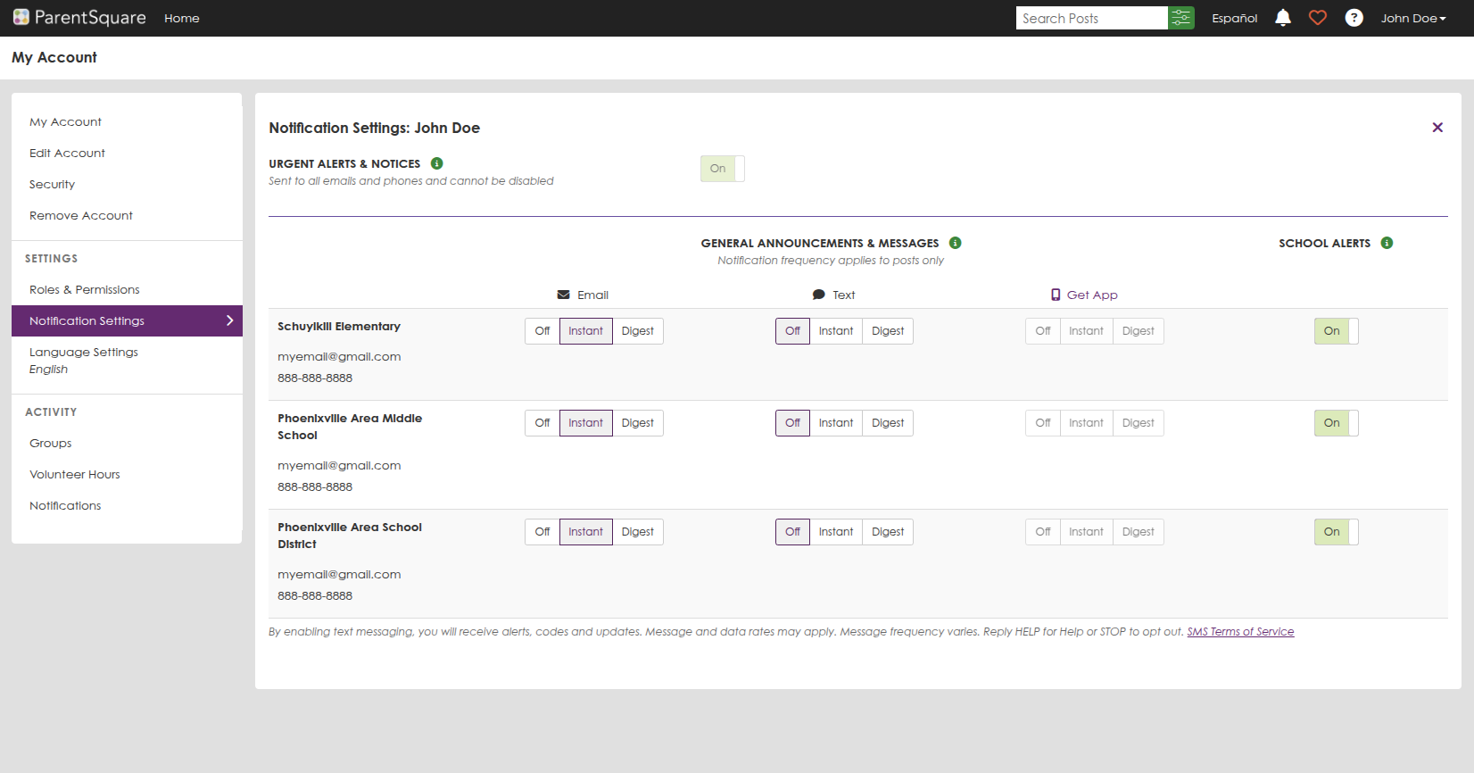 ParentSquare notification settings screen showing the Email column set to Instant